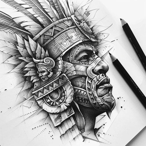 Dotwork Aztec warrior tattoo on white backdrop
