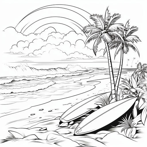 Beach coloring page with surfboard