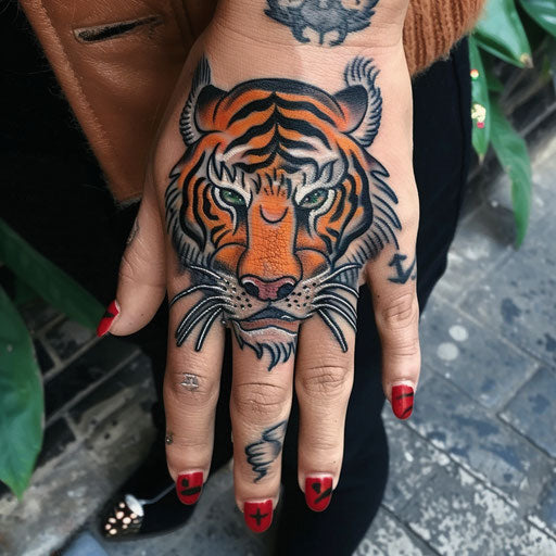Tiger hand tattoos, Ed Hardy style