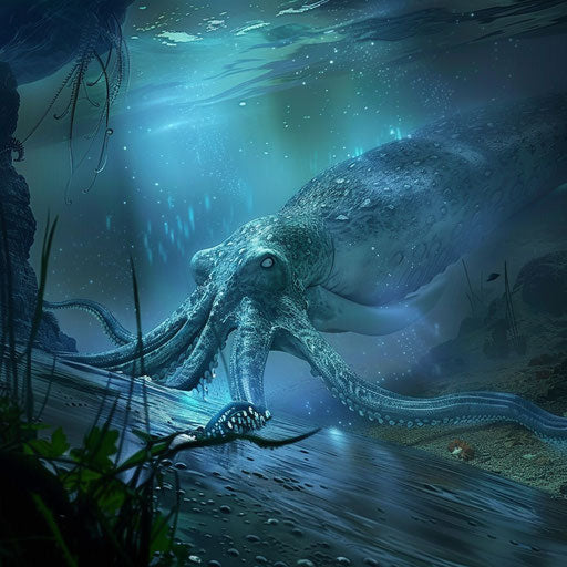Giant squid near an underwater river