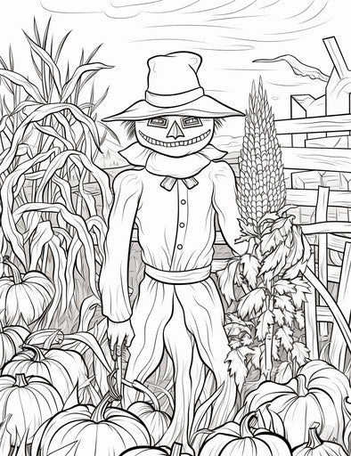 Scarecrow by corn and pumpkin coloring page