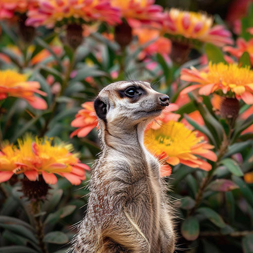 Meerkat with vibrant flowers in background