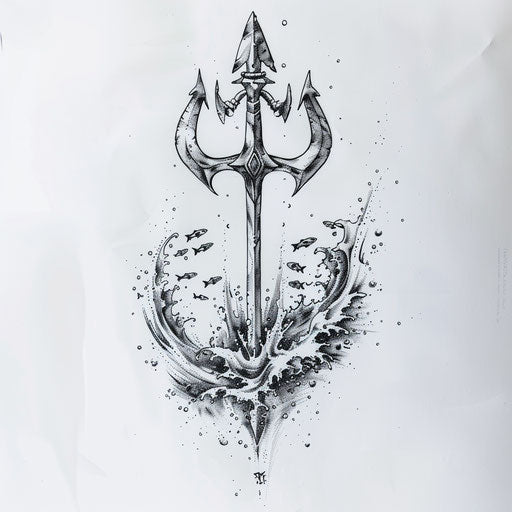 Japanese trident tattoo with waves and koi fish