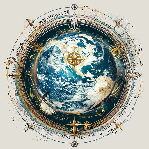 Mystical flat tattoo sketch of a globe with ancient astrological symbols, silvery blues and golds, clipart style