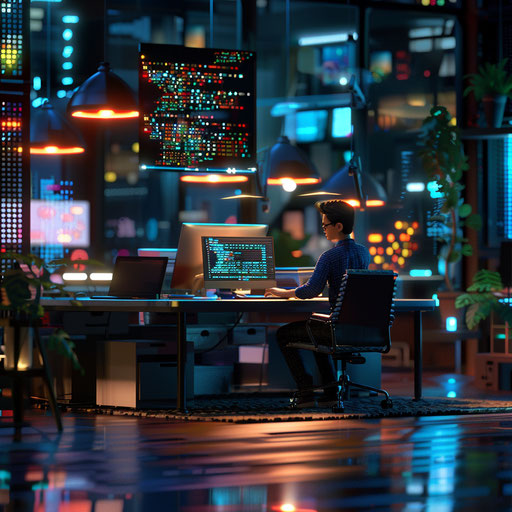 Tech entrepreneur coding late at night in a start-up hub