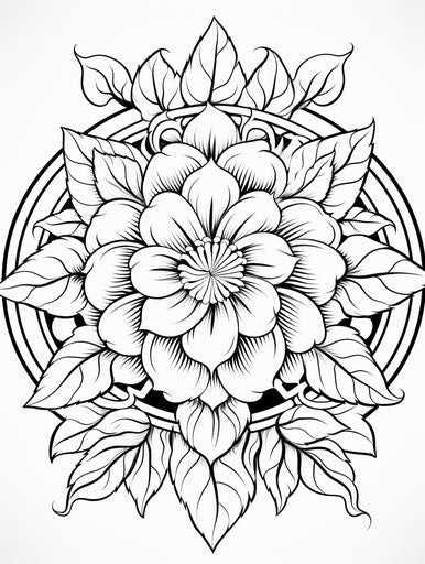 Black and white drawing of flowers in the center of a circle coloring page