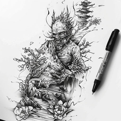 Tranquil flat sketch of a Japanese demon in a peaceful garden