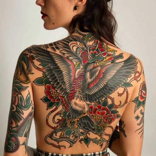 Colorful back tattoos for women with traditional Americana themes