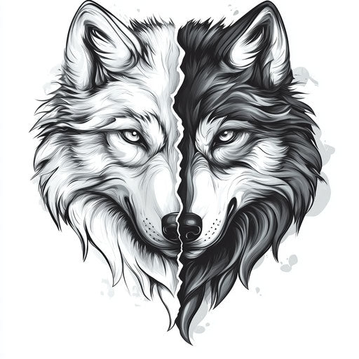Flat tattoo sketch of wolf's head split into two contrasting styles