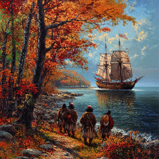 The Mayflower ship in the distance, observed by Native Americans from the shore, vibrant fall colors in the background