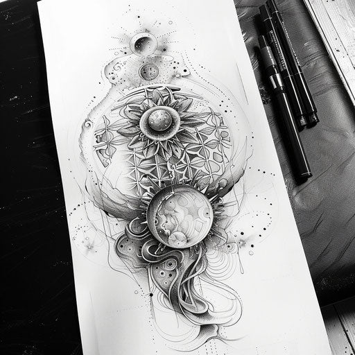 Surreal sketch of the Flower of Life, incorporating cosmic elements