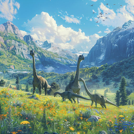 A family of brachiosaurs grazing in a wildflower meadow