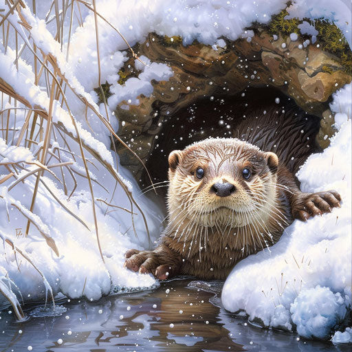 Otter peeking out from snowy burrow by frozen stream