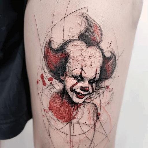 A surrealistic style clown tattoo with abstract elements and distorted features, on a white background.