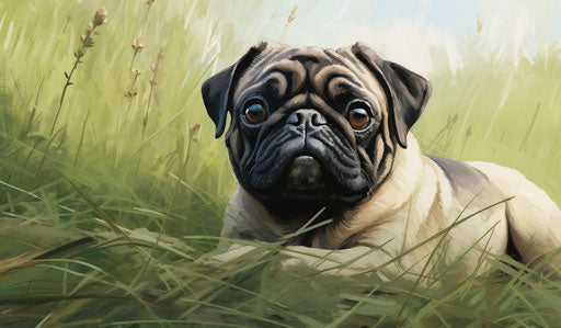 A pug dog lying in the green grass