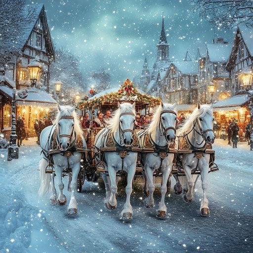 White horses pulling a decorated wagon in a charming village square