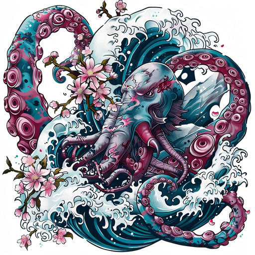 Japanese style kraken tattoo with waves and cherry blossoms