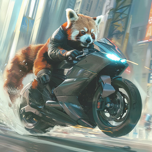 High-speed chase with red panda on futuristic motorcycle