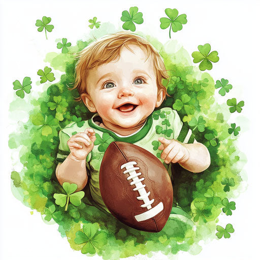St.Patrick's Day baby with football, green shamrocks