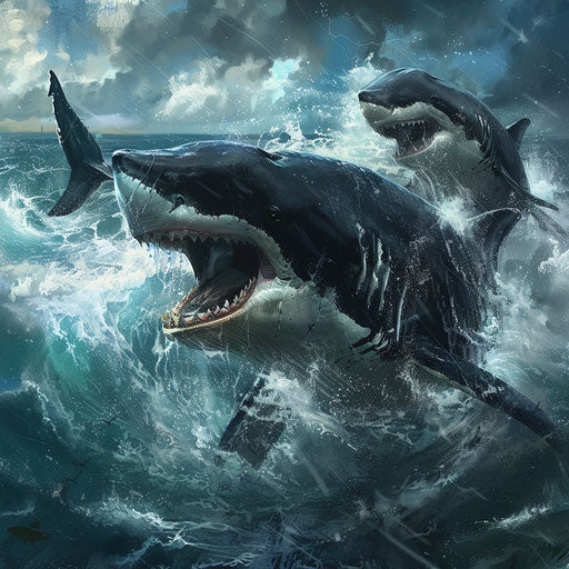 Prehistoric ocean: orcas and megalodons in confrontation or respect