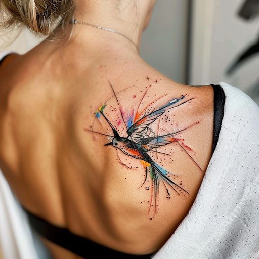 Modern abstract swallow tattoo on white gallery wall