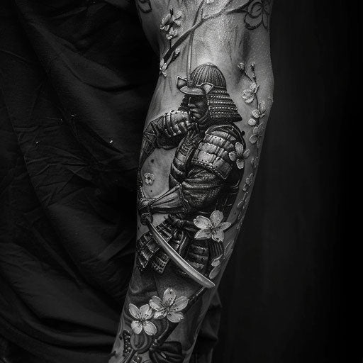 Sketch of a samurai and cherry blossom tattoo