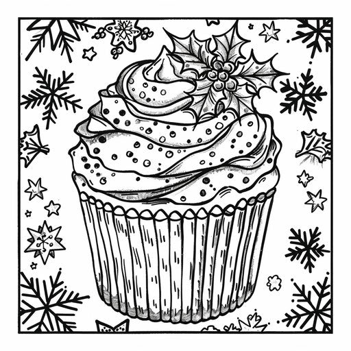 Christmas cupcake, snowflakes and holly, coloring page