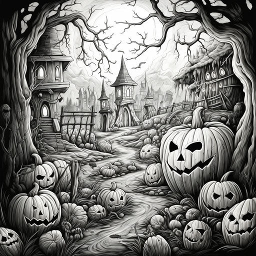 Halloween pumpkins coloring page, haunting landscapes style