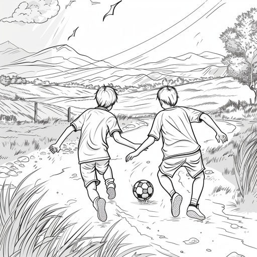 Two friends playing soccer in a field. Coloring book page