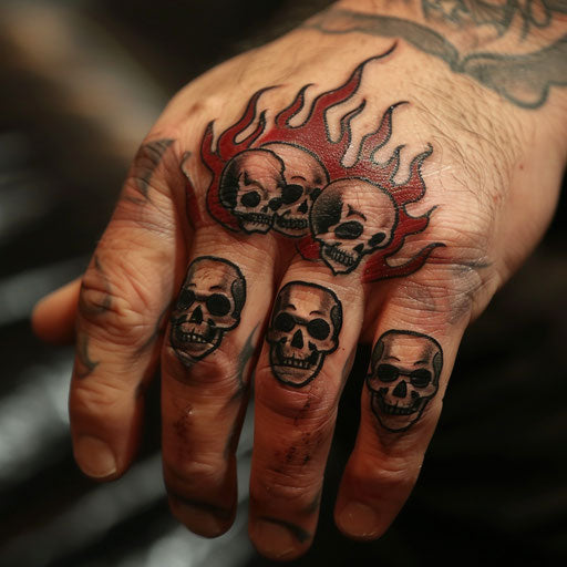Finger tattoo with gothic skulls and flames