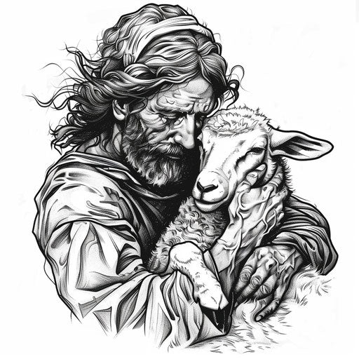 Pastoral clipart style flat tattoo sketch of the Good Shepherd, tender and protective