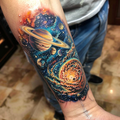 Space-themed wrist tattoo in the style of Peter Jackson