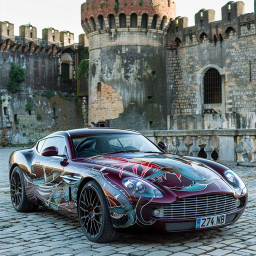 Aston Martin DB7 Zagato with dragon-themed paint job in front of medieval castle