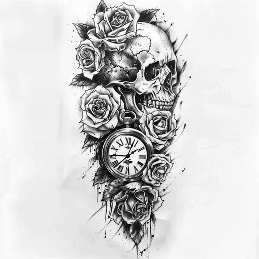 Sketch of a skull and roses tattoo with clock elements, full sleeve for men