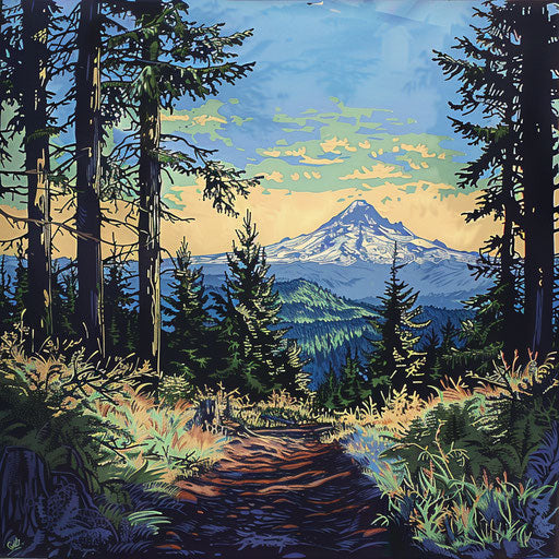 3 color linoleum print of mount hood