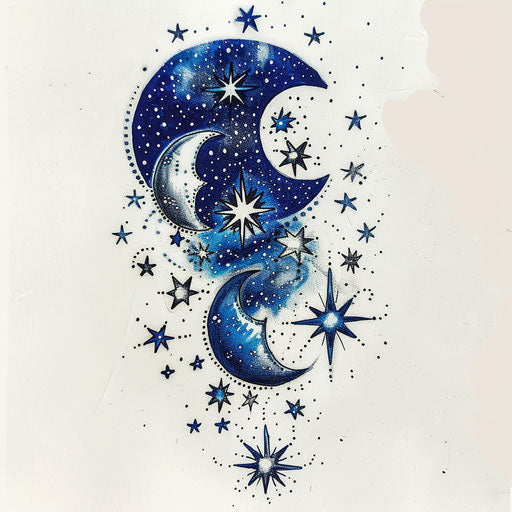 Celestial flat tattoo sketch for 13 tattoo featuring stars and moons in midnight blue and silver