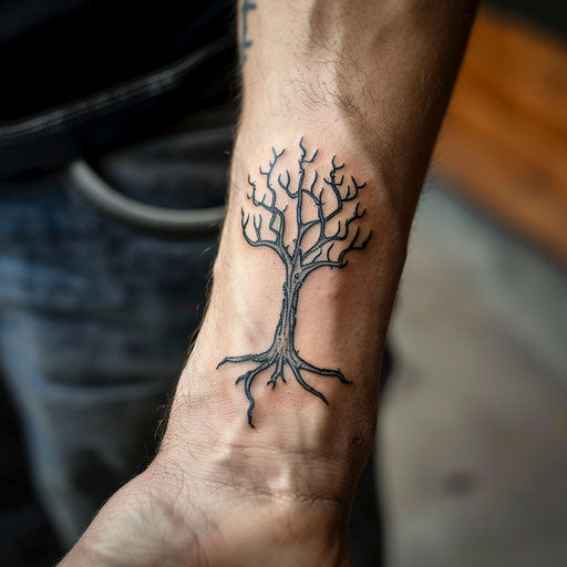 Men's wrist tattoos with a Tolkien-inspired tree, Peter Jackson style