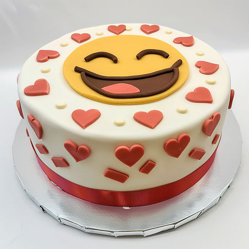 White cake with red border and laughing face emoji