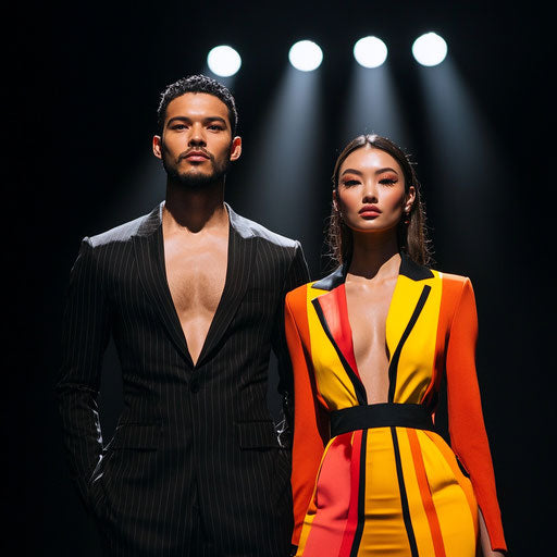 Fashion runway with a man and a woman modeling outfits