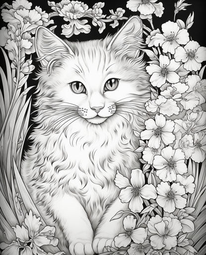Cat coloring pages line drawing flowers, charming realism