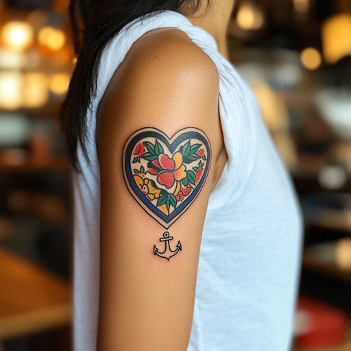Mom heart tattoo with traditional sailor theme and nautical anchor
