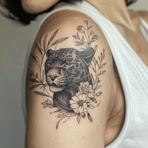 Elegant black panther tattoo in a floral setting