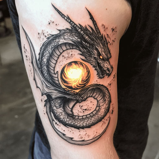 Dragon tattoos for men featuring dragon spiraling around glowing orb