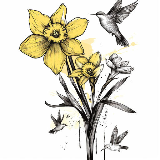 Sketch of daffodil tattoo with elements of March birth flower transforming into birds