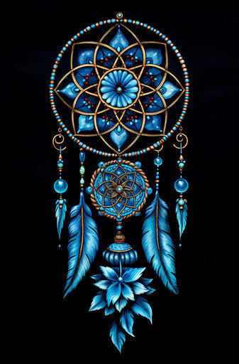 Dream catcher tattoo, dark sky-blue and black, luxurious wall hangings