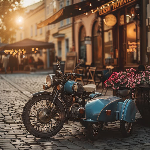 Vintage motorcycle with sidecar in front of café on cobblestone street, morning light