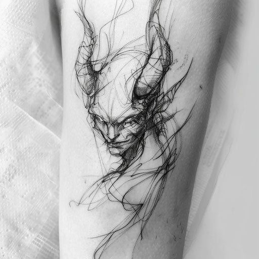 Sketch-style devil tattoo on white background