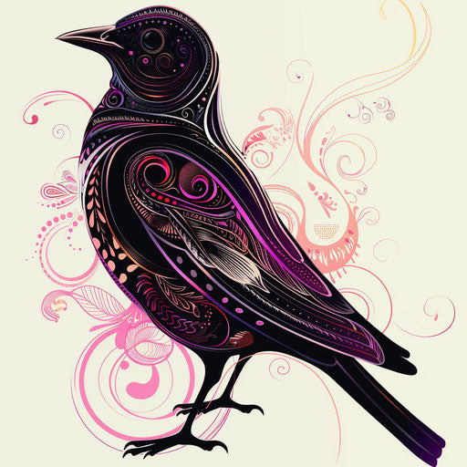 Clipart-style tattoo sketch of a blackbird with abstract purple and pink swirls pattern
