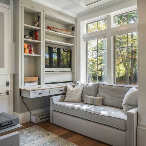 Guest room with compact desk and fold-out sofa