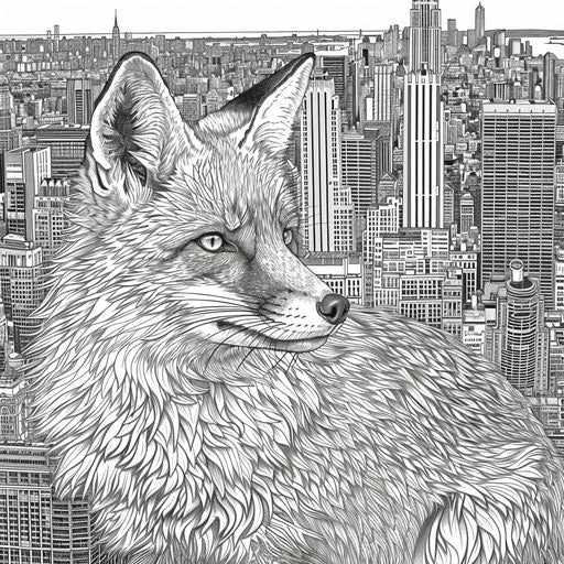 Detailed fox in a cityscape background in Stephen Wiltshire style Coloring book page